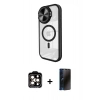 MARSİLYAN™- iPhone 15 Pro Max Kılıf Kıvılcım Modern Koleksiyonu - Siyah 3D Antistatik Hayalet Cam Ekran Koruyucu + PVD Metal Kamera Lens - TU