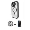 MARSİLYAN™- iPhone 15 Pro Max Kılıf Kıvılcım Modern Koleksiyonu - Siyah 3D Antistatik Hayalet Cam Ekran Koruyucu + PVD Metal Kamera Lens - GS