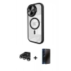 MARSİLYAN™- iPhone 15 Pro Max Kılıf Kıvılcım Modern Koleksiyonu - Siyah 3D Antistatik Hayalet Cam Ekran Koruyucu + Gümüş Raze Metal Kamera Lens