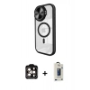 MARSİLYAN™- iPhone 15 Pro Max Kılıf Kıvılcım Modern Koleksiyonu - Siyah Bilvis Hayalet Cam Ekran Koruyucu + Turuncu PVD Metal Kamera Lens