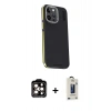 MARSİLYAN™- iPhone 15 Pro Max Kılıf Kıvılcım Modern Özel Seri - Siyah Bilvis Hayalet Cam Ekran Koruyucu + Turuncu PVD Metal Kamera Lens