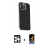 MARSİLYAN™- iPhone 15 Pro Max Kılıf Kıvılcım Modern Özel Seri - Siyah Buffer Hayalet Cam Ekran Koruyucu + Gümüş PVD Metal Kamera Lens