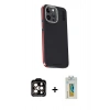 MARSİLYAN™- iPhone 15 Pro Max Kılıf Kıvılcım Modern Özel Seri - Siyah Polymer Nano Ekran Koruyucu + Turuncu PVD Metal Kamera Lens