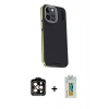 MARSİLYAN™- iPhone 15 Pro Max Kılıf Kıvılcım Modern Özel Seri - Siyah Polymer Nano Ekran Koruyucu + Turuncu PVD Metal Kamera Lens