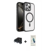 MARSİLYAN™- iPhone 15 Pro Max Kılıf Kıvılcım Prime - Şeffaf Pasifik Cam Ekran Koruyucu + Lacivert Raze Metal Kamera Lens