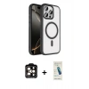 MARSİLYAN™- iPhone 15 Pro Max Kılıf Kıvılcım Prime - Şeffaf Pasifik Cam Ekran Koruyucu + Turuncu PVD Metal Kamera Lens