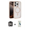 MARSİLYAN™- iPhone 15 Pro Max Kılıf Kıvılcım Prime - Şeffaf Pasifik Cam Ekran Koruyucu + Turuncu PVD Metal Kamera Lens
