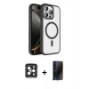 MARSİLYAN™- iPhone 15 Pro Max Kılıf Kıvılcım Prime - Siyah 3D Antistatik Hayalet Cam Ekran Koruyucu + PVD Metal Kamera Lens - SH