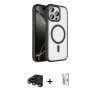 MARSİLYAN™- iPhone 15 Pro Max Kılıf Kıvılcım Prime - Siyah Bilvis 0.18mm Plus Cam Ekran Koruyucu + Titanyum Gri Raze Metal Kamera Lens
