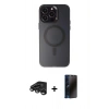 MARSİLYAN™- iPhone 15 Pro Max Kılıf Kozmos Çizgi Prime - Siyah 3D Antistatik Hayalet Cam Ekran Koruyucu + Titanyum Gri Raze Metal Kamera Lens
