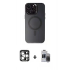 MARSİLYAN™- iPhone 15 Pro Max Kılıf Kozmos Çizgi Prime - Siyah Vanessa Magic Hayalet Cam + Gümüş PVD Metal Kamera Lens