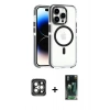 MARSİLYAN™- iPhone 15 Pro Max Kılıf Kozmos Doku Koleksiyonu - Şeffaf 360 Full Body Arka Koruyucu + Gri PVD Metal Kamera Lens
