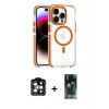 MARSİLYAN™- iPhone 15 Pro Max Kılıf Kozmos Doku Koleksiyonu - Siyah 360 Mat Full Body Arka Koruyucu + Turuncu PVD Metal Kamera Lens