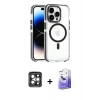 MARSİLYAN™- iPhone 15 Pro Max Kılıf Kozmos Doku Koleksiyonu - Siyah Bilvis 5in1 5D Magic Hayalet Cam Ekran Koruyucu + Gri PVD Metal Kamera Lens