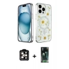 MARSİLYAN™- iPhone 15 Pro Max Kılıf Kozmos Doku - Şeffaf 360 Full Body Arka Koruyucu + Turuncu PVD Metal Kamera Lens