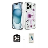 MARSİLYAN™- iPhone 15 Pro Max Kılıf Kozmos Doku - Şeffaf Pasifik Cam Ekran Koruyucu + PVD Metal Kamera Lens - TU