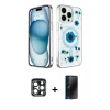 MARSİLYAN™- iPhone 15 Pro Max Kılıf Kozmos Doku - Siyah 3D Antistatik Hayalet Cam Ekran Koruyucu + PVD Metal Kamera Lens - LT