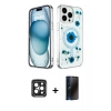 MARSİLYAN™- iPhone 15 Pro Max Kılıf Kozmos Doku - Siyah 3D Antistatik Hayalet Cam Ekran Koruyucu + PVD Metal Kamera Lens - SH