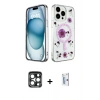 MARSİLYAN™- iPhone 15 Pro Max Kılıf Kozmos Doku - Siyah Bilvis 0.18mm Plus Cam Ekran Koruyucu + PVD Metal Kamera Lens - LT