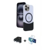 MARSİLYAN™- iPhone 15 Pro Max Kılıf Kozmos Form Özel Seri - Siyah 3D Antistatik Seramik Nano Ekran Koruyucu + Lacivert Raze Metal Kamera Lens