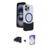 MARSİLYAN™- iPhone 15 Pro Max Kılıf Kozmos Form Özel Seri - Siyah Bilvis 5in1 3D Magic Cam Ekran Koruyucu + Lacivert Raze Metal Kamera Lens