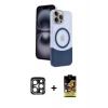 MARSİLYAN™- iPhone 15 Pro Max Kılıf Kozmos Form Özel Seri - Siyah Buffer Cam Ekran Koruyucu + Lacivert PVD Metal Kamera Lens