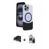 MARSİLYAN™- iPhone 15 Pro Max Kılıf Kozmos Form Özel Seri - Siyah Vanessa Magic Hayalet Cam + Gümüş Raze Metal Kamera Lens