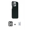 MARSİLYAN™- iPhone 15 Pro Max Kılıf Kozmos Klasik Prime - Siyah Bilvis 0.18mm Plus Cam Ekran Koruyucu + PVD Metal Kamera Lens - LT