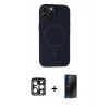 MARSİLYAN™- iPhone 15 Pro Max Kılıf Kutup Serisi - Siyah 3D Antistatik Hayalet Cam Ekran Koruyucu + PVD Metal Kamera Lens - LT