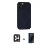 MARSİLYAN™- iPhone 15 Pro Max Kılıf Kutup Serisi - Siyah 3D Antistatik Hayalet Cam Ekran Koruyucu + PVD Metal Kamera Lens - SH