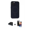 MARSİLYAN™- iPhone 15 Pro Max Kılıf Kutup Serisi - Siyah 3D Antistatik Mat Seramik Nano Ekran Koruyucu + Lacivert Raze Metal Kamera Lens