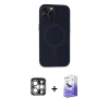 MARSİLYAN™- iPhone 15 Pro Max Kılıf Kutup Serisi - Siyah Bilvis 5in1 5D Magic Hayalet Cam Ekran Koruyucu + Gümüş PVD Metal Kamera Lens