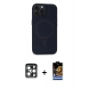 MARSİLYAN™- iPhone 15 Pro Max Kılıf Kutup Serisi - Siyah Buffer Hayalet Cam Ekran Koruyucu + Lacivert PVD Metal Kamera Lens