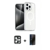 MARSİLYAN™- iPhone 15 Pro Max Kılıf Nova Asil Prime - Siyah 3D Antistatik Hayalet Cam Ekran Koruyucu + Lacivert PVD Metal Kamera Lens