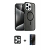 MARSİLYAN™- iPhone 15 Pro Max Kılıf Nova Asil Prime - Siyah 3D Antistatik Hayalet Cam Ekran Koruyucu + Lacivert PVD Metal Kamera Lens