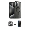 MARSİLYAN™- iPhone 15 Pro Max Kılıf Nova Asil Prime - Siyah 3D Antistatik Hayalet Cam Ekran Koruyucu + PVD Metal Kamera Lens - SH