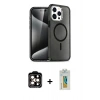MARSİLYAN™- iPhone 15 Pro Max Kılıf Nova Asil Prime - Siyah Polymer Nano Ekran Koruyucu + Turuncu PVD Metal Kamera Lens