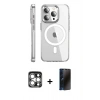 MARSİLYAN™- iPhone 15 Pro Max Kılıf Nova Doku - Siyah 3D Antistatik Hayalet Cam Ekran Koruyucu + Gümüş PVD Metal Kamera Lens