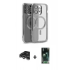 MARSİLYAN™- iPhone 15 Pro Max Kılıf Nova Işık Özel Seri - Şeffaf 360 Full Body Arka Koruyucu + Gümüş Raze Metal Kamera Lens