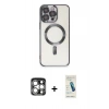 MARSİLYAN™- iPhone 15 Pro Max Kılıf Nova Işık Özel Seri - Şeffaf Pasifik Cam Ekran Koruyucu + Gümüş PVD Metal Kamera Lens