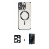 MARSİLYAN™- iPhone 15 Pro Max Kılıf Nova Işık Özel Seri - Siyah 3D Antistatik Hayalet Cam Ekran Koruyucu + PVD Metal Kamera Lens - LT
