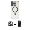 MARSİLYAN™- iPhone 15 Pro Max Kılıf Nova Işık Özel Seri - Siyah 3D Antistatik Hayalet Cam Ekran Koruyucu + PVD Metal Kamera Lens - SH