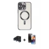 MARSİLYAN™- iPhone 15 Pro Max Kılıf Nova Işık Özel Seri - Siyah 3D Antistatik Mat Seramik Nano Ekran Koruyucu + Lacivert Raze Metal Kamera Lens