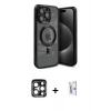 MARSİLYAN™- iPhone 15 Pro Max Kılıf Nova Işık Özel Seri - Siyah Bilvis 0.18mm Plus Cam Ekran Koruyucu + PVD Metal Kamera Lens - LT