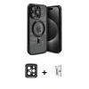 MARSİLYAN™- iPhone 15 Pro Max Kılıf Nova Işık Özel Seri - Siyah Bilvis 0.18mm Plus Cam Ekran Koruyucu + PVD Metal Kamera Lens - SH