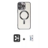 MARSİLYAN™- iPhone 15 Pro Max Kılıf Nova Işık Özel Seri - Siyah Bilvis 0.18mm Plus Cam Ekran Koruyucu + PVD Metal Kamera Lens - SH