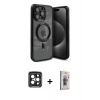MARSİLYAN™- iPhone 15 Pro Max Kılıf Nova Işık Özel Seri - Siyah Bilvis 3D Cam Ekran Koruyucu + PVD Metal Kamera Lens - SH