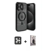 MARSİLYAN™- iPhone 15 Pro Max Kılıf Nova Işık Özel Seri - Siyah Bilvis Hayalet Cam Ekran Koruyucu + Gri PVD Metal Kamera Lens