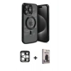 MARSİLYAN™- iPhone 15 Pro Max Kılıf Nova Işık Özel Seri - Siyah Bilvis Hayalet Cam Ekran Koruyucu + Gümüş PVD Metal Kamera Lens