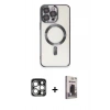 MARSİLYAN™- iPhone 15 Pro Max Kılıf Nova Işık Özel Seri - Siyah Bilvis Hayalet Cam Ekran Koruyucu + Gümüş PVD Metal Kamera Lens